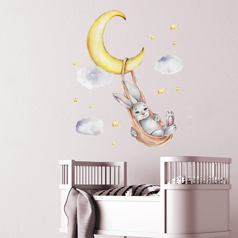 Cartoon Teddy Bear Sleeping on the Moon and Stars Wall Stickers for Kids Room Baby Room Decoration Wall Decals Room Interior