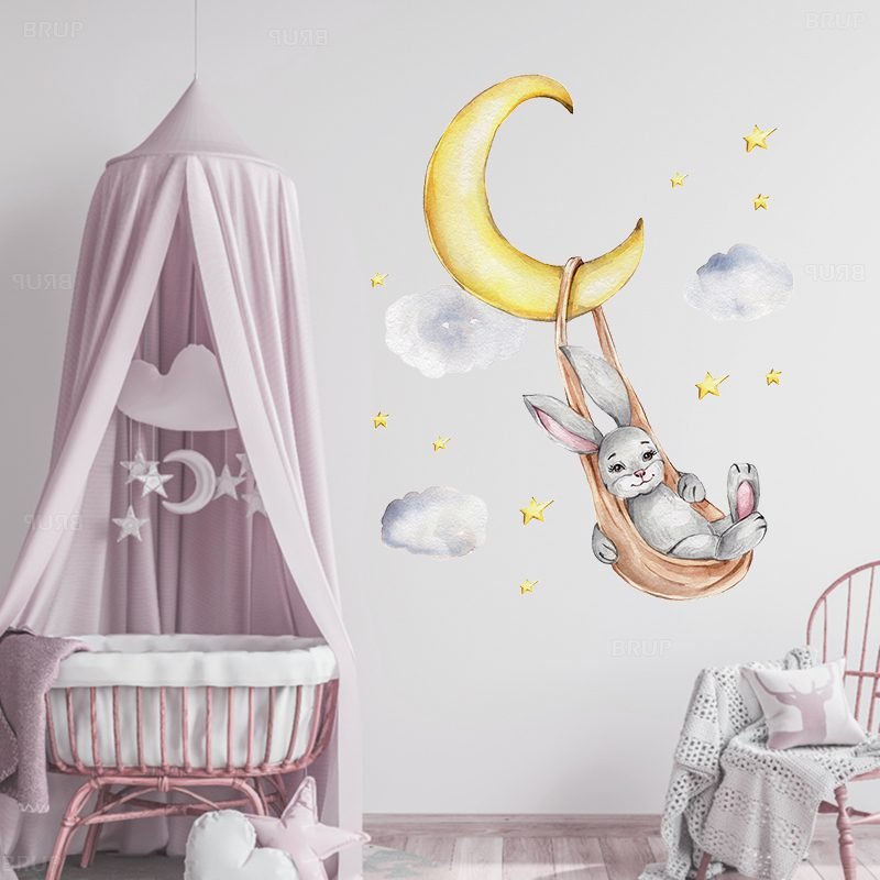 Cartoon Teddy Bear Sleeping on the Moon and Stars Wall Stickers for Kids Room Baby Room Decoration Wall Decals Room Interior