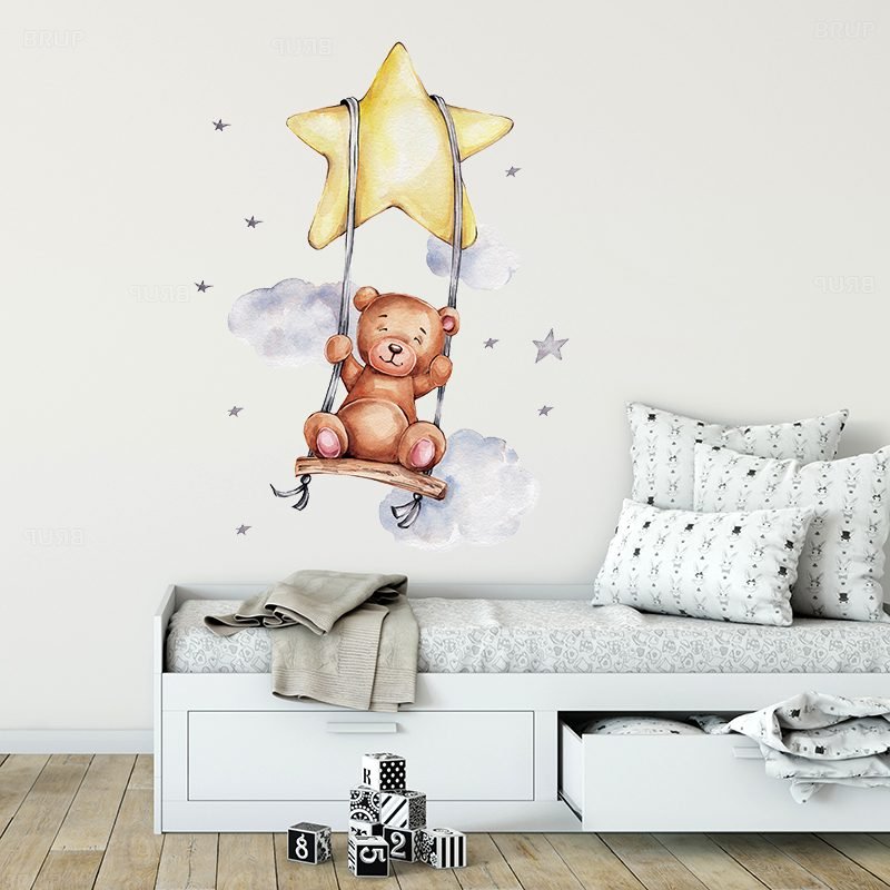 Cartoon Teddy Bear Sleeping on the Moon and Stars Wall Stickers for Kids Room Baby Room Decoration Wall Decals Room Interior