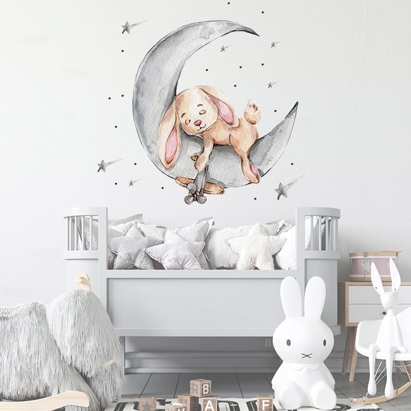 Cartoon Teddy Bear Sleeping on the Moon and Stars Wall Stickers for Kids Room Baby Room Decoration Wall Decals Room Interior