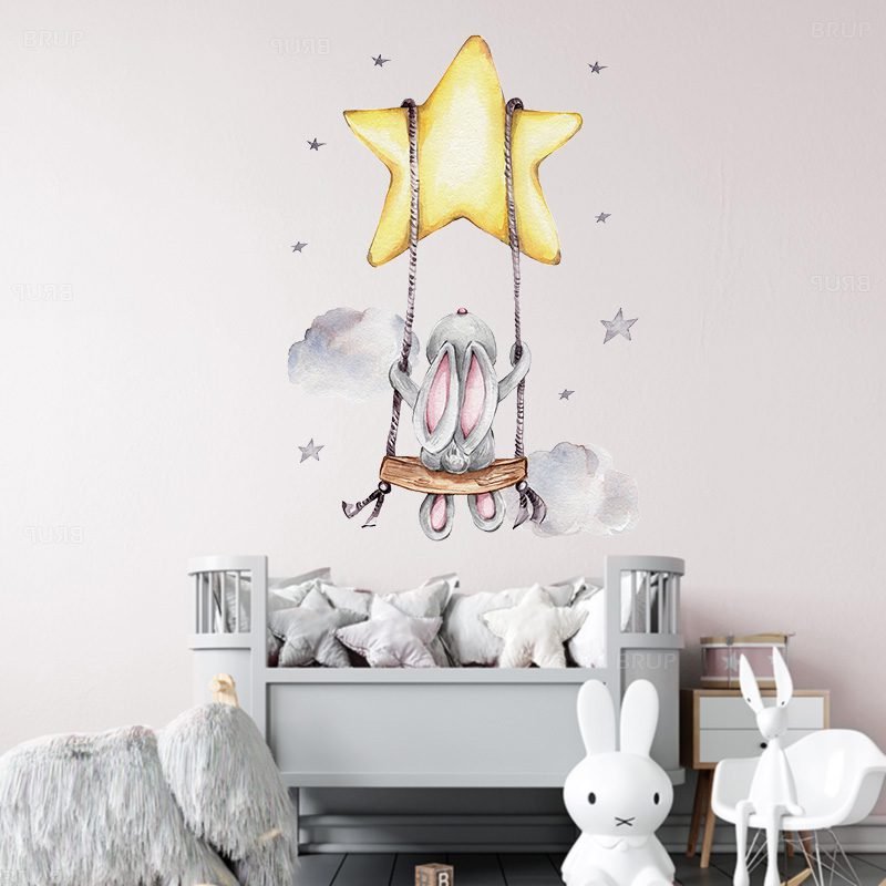 Cartoon Teddy Bear Sleeping on the Moon and Stars Wall Stickers for Kids Room Baby Room Decoration Wall Decals Room Interior