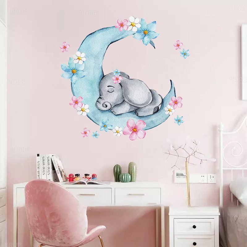 Cartoon Teddy Bear Sleeping on the Moon and Stars Wall Stickers for Kids Room Baby Room Decoration Wall Decals Room Interior