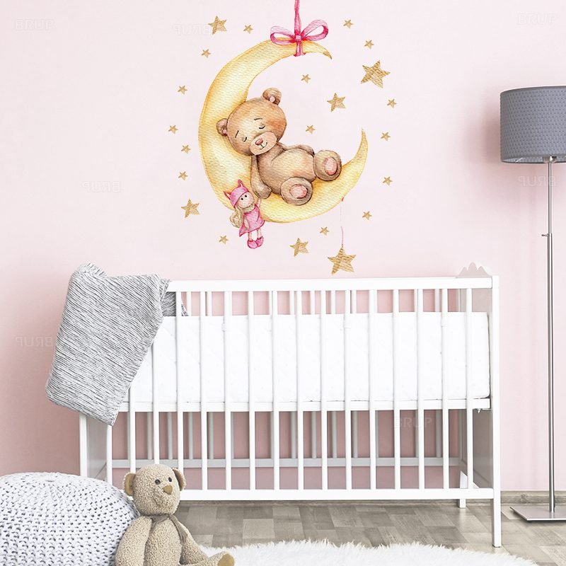 Cartoon Teddy Bear Sleeping on the Moon and Stars Wall Stickers for Kids Room Baby Room Decoration Wall Decals Room Interior