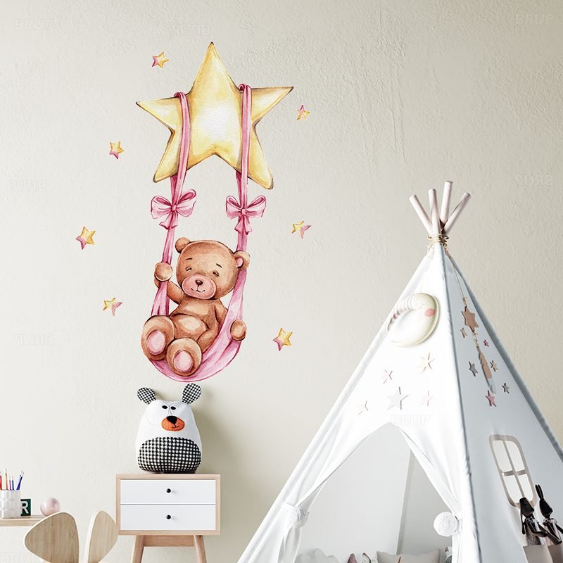 Cartoon Teddy Bear Sleeping on the Moon and Stars Wall Stickers for Kids Room Baby Room Decoration Wall Decals Room Interior
