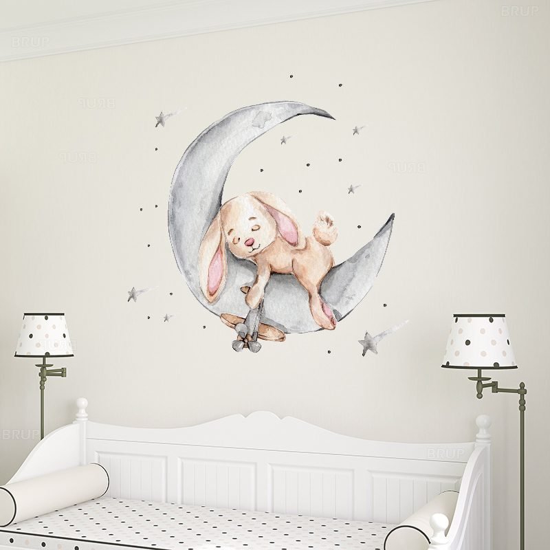 Cartoon Teddy Bear Sleeping on the Moon and Stars Wall Stickers for Kids Room Baby Room Decoration Wall Decals Room Interior
