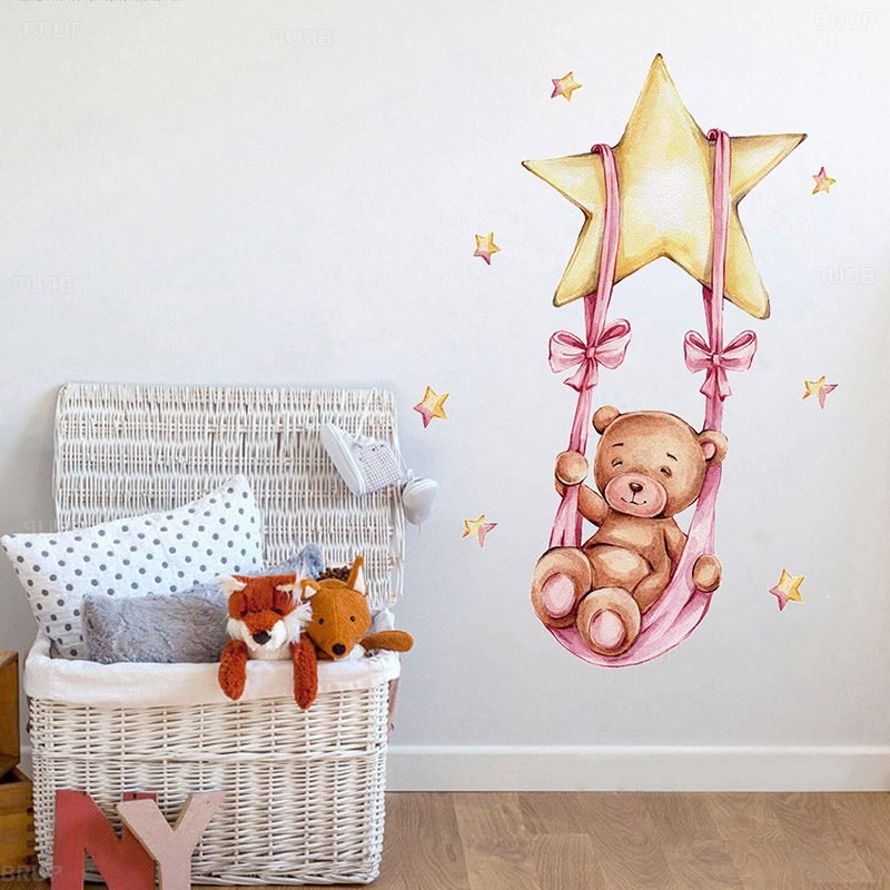 Cartoon Teddy Bear Sleeping on the Moon and Stars Wall Stickers for Kids Room Baby Room Decoration Wall Decals Room Interior