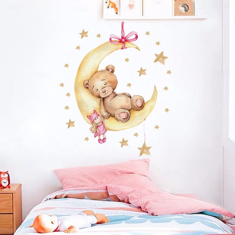 Cartoon Teddy Bear Sleeping on the Moon and Stars Wall Stickers for Kids Room Baby Room Decoration Wall Decals Room Interior