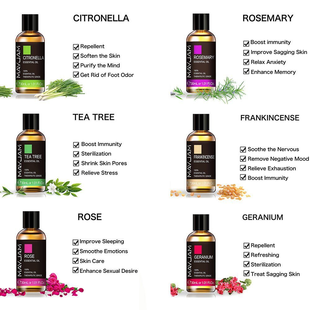 10ml 30ml 100ml with Dropper Jasmine Lavender Eucalyptus Mint Vanilla Pure Natural Essential Oils Ylang Ylang Tea Tree Aroma Oil