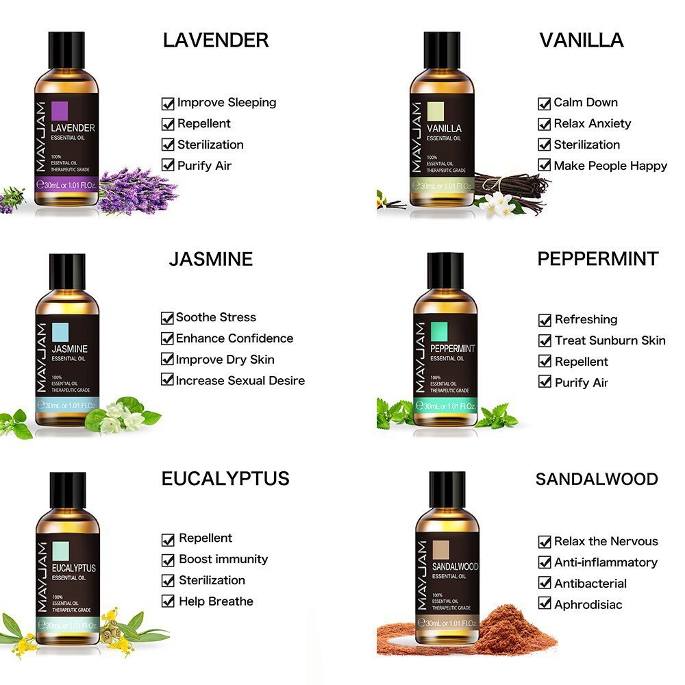 10ml 30ml 100ml with Dropper Jasmine Lavender Eucalyptus Mint Vanilla Pure Natural Essential Oils Ylang Ylang Tea Tree Aroma Oil