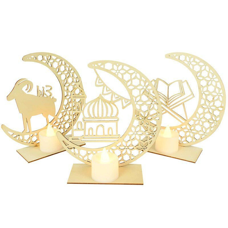 EID Mubarak Wooden Pendant with LED Candles Light Ramadan Decorations For Home Islamic Muslim Party Eid Decor Kareem Ramadan