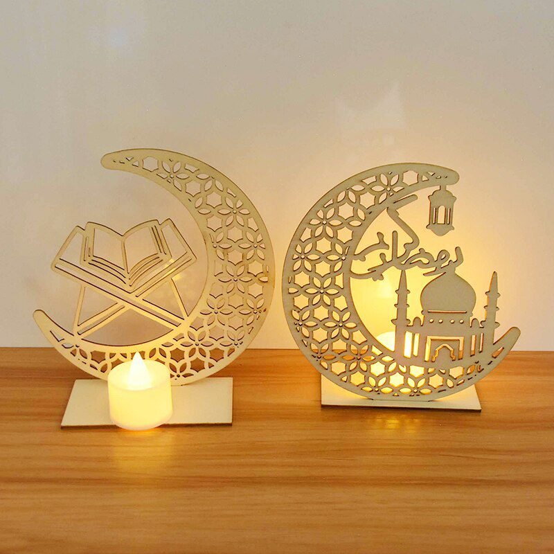 EID Mubarak Wooden Pendant with LED Candles Light Ramadan Decorations For Home Islamic Muslim Party Eid Decor Kareem Ramadan