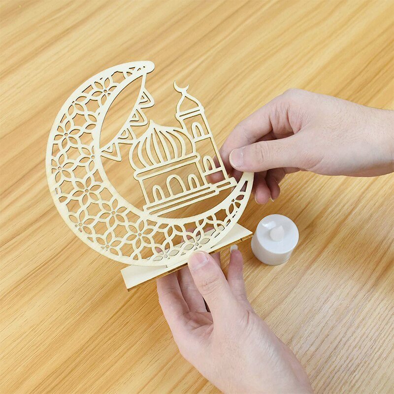 EID Mubarak Wooden Pendant with LED Candles Light Ramadan Decorations For Home Islamic Muslim Party Eid Decor Kareem Ramadan