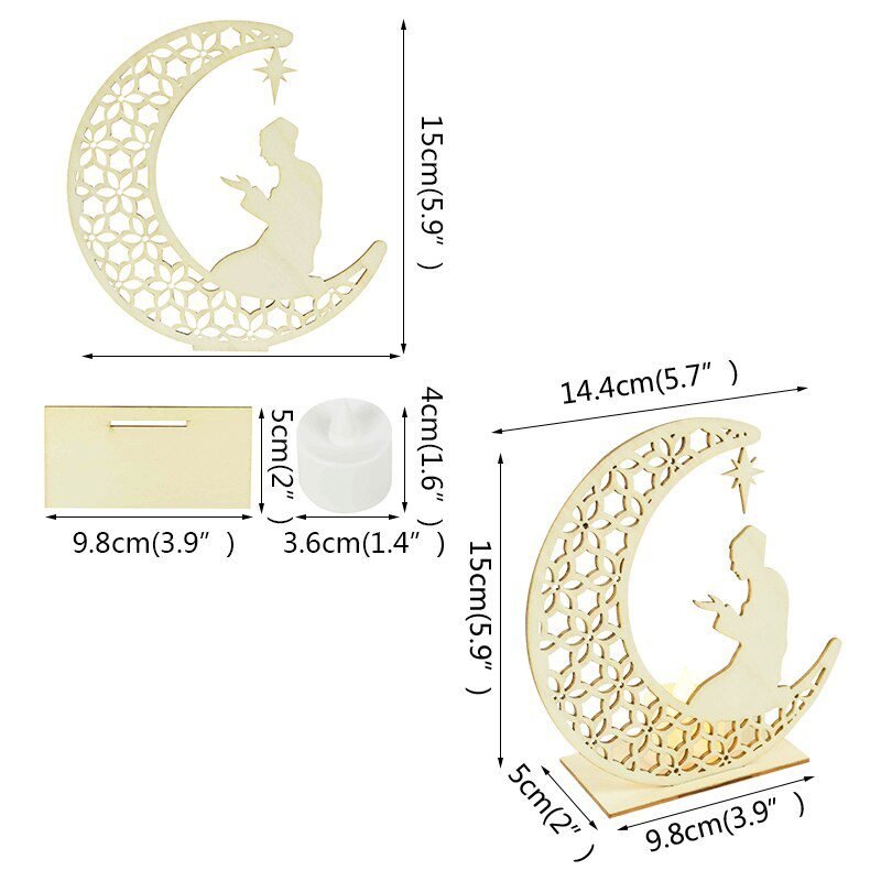 EID Mubarak Wooden Pendant with LED Candles Light Ramadan Decorations For Home Islamic Muslim Party Eid Decor Kareem Ramadan
