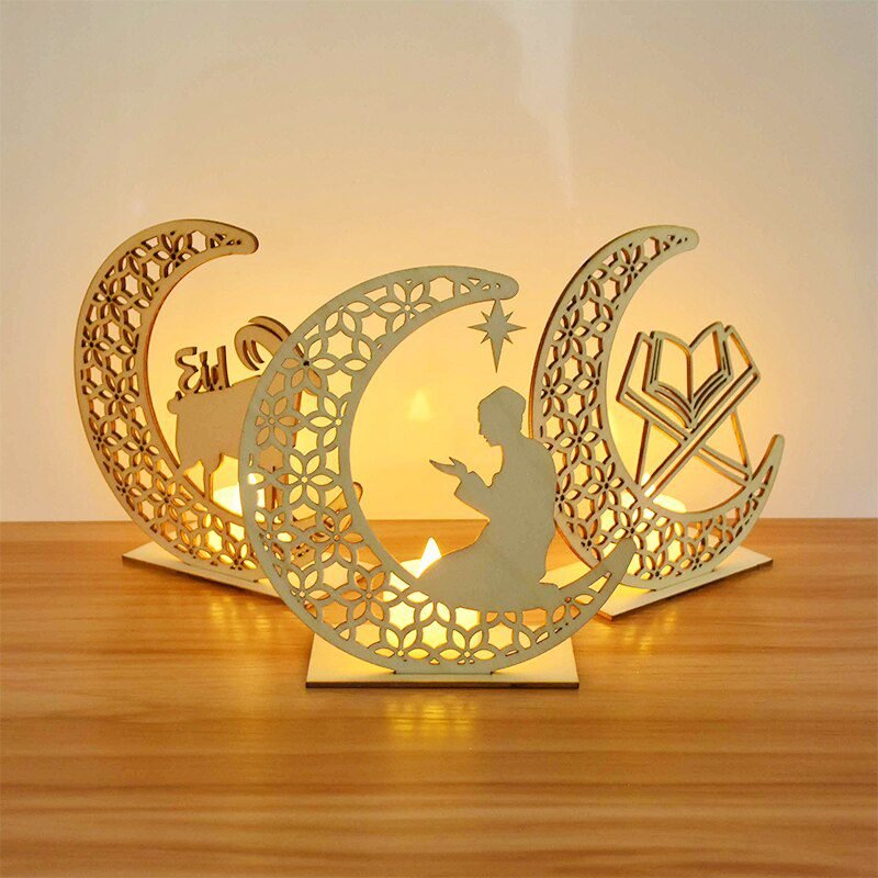 EID Mubarak Wooden Pendant with LED Candles Light Ramadan Decorations For Home Islamic Muslim Party Eid Decor Kareem Ramadan