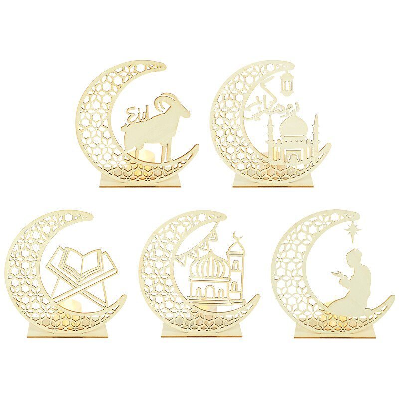 EID Mubarak Wooden Pendant with LED Candles Light Ramadan Decorations For Home Islamic Muslim Party Eid Decor Kareem Ramadan