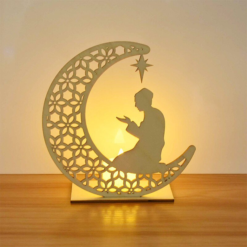 EID Mubarak Wooden Pendant with LED Candles Light Ramadan Decorations For Home Islamic Muslim Party Eid Decor Kareem Ramadan