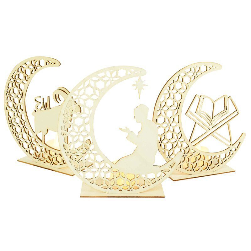 EID Mubarak Wooden Pendant with LED Candles Light Ramadan Decorations For Home Islamic Muslim Party Eid Decor Kareem Ramadan
