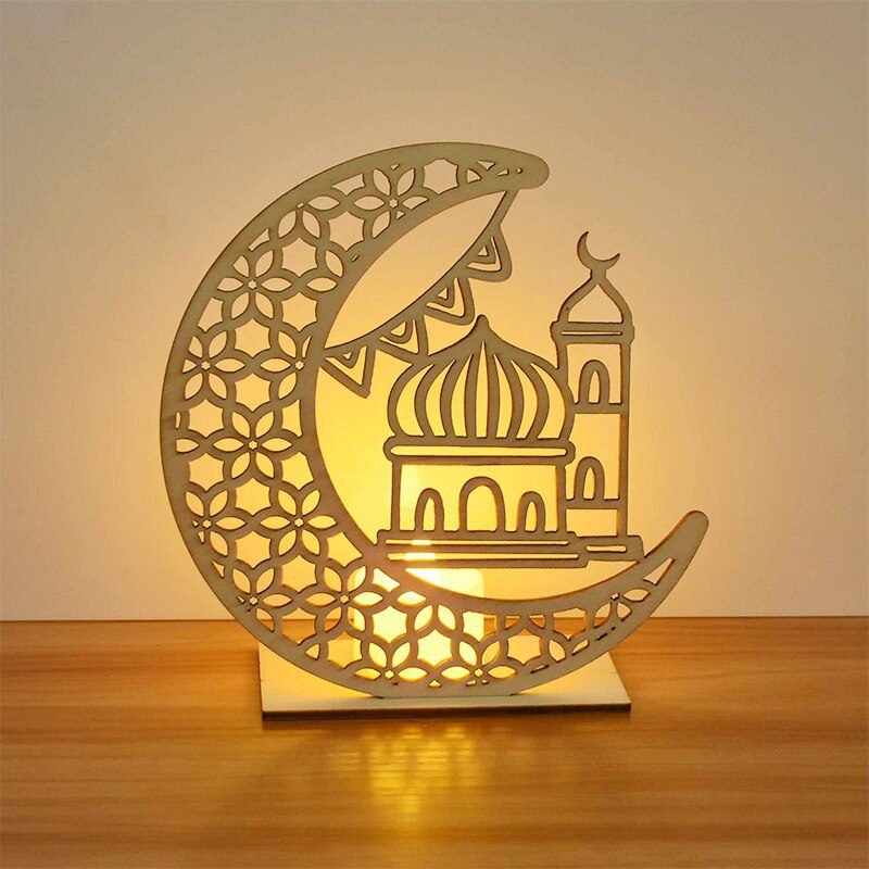 EID Mubarak Wooden Pendant with LED Candles Light Ramadan Decorations For Home Islamic Muslim Party Eid Decor Kareem Ramadan