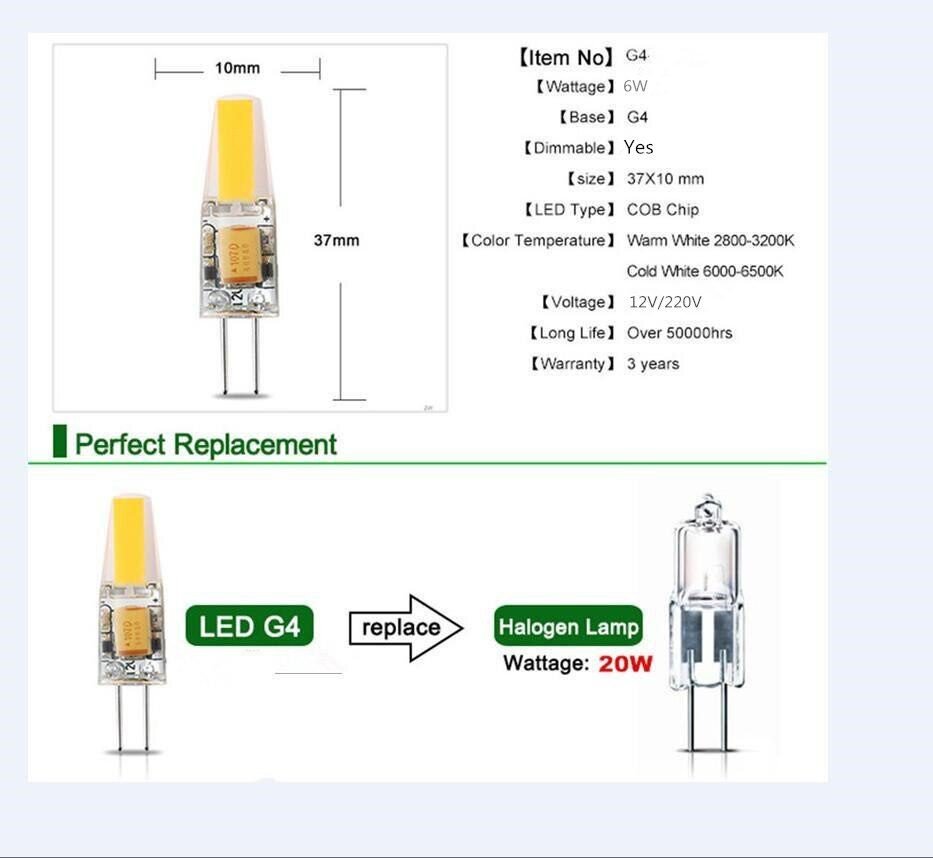 10PCS Dimmable Mini G4 LED COB Lamp 6W Bulb AC DC 12V 220V Candle Lights Replace 30W 40W Halogen for Chandelier Spotlight