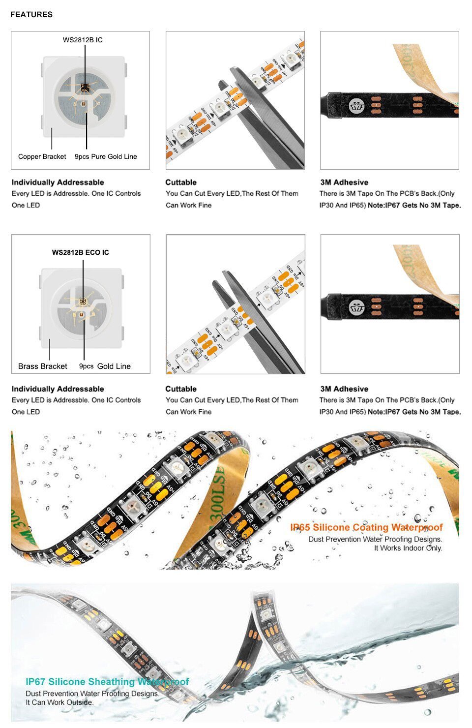 1m 2m 4m 5m WS2812B Led Lights WS2812 RGB Led Strip Light Individually Addressable Led Light Strip Black White PCB IP30 65 67 5V