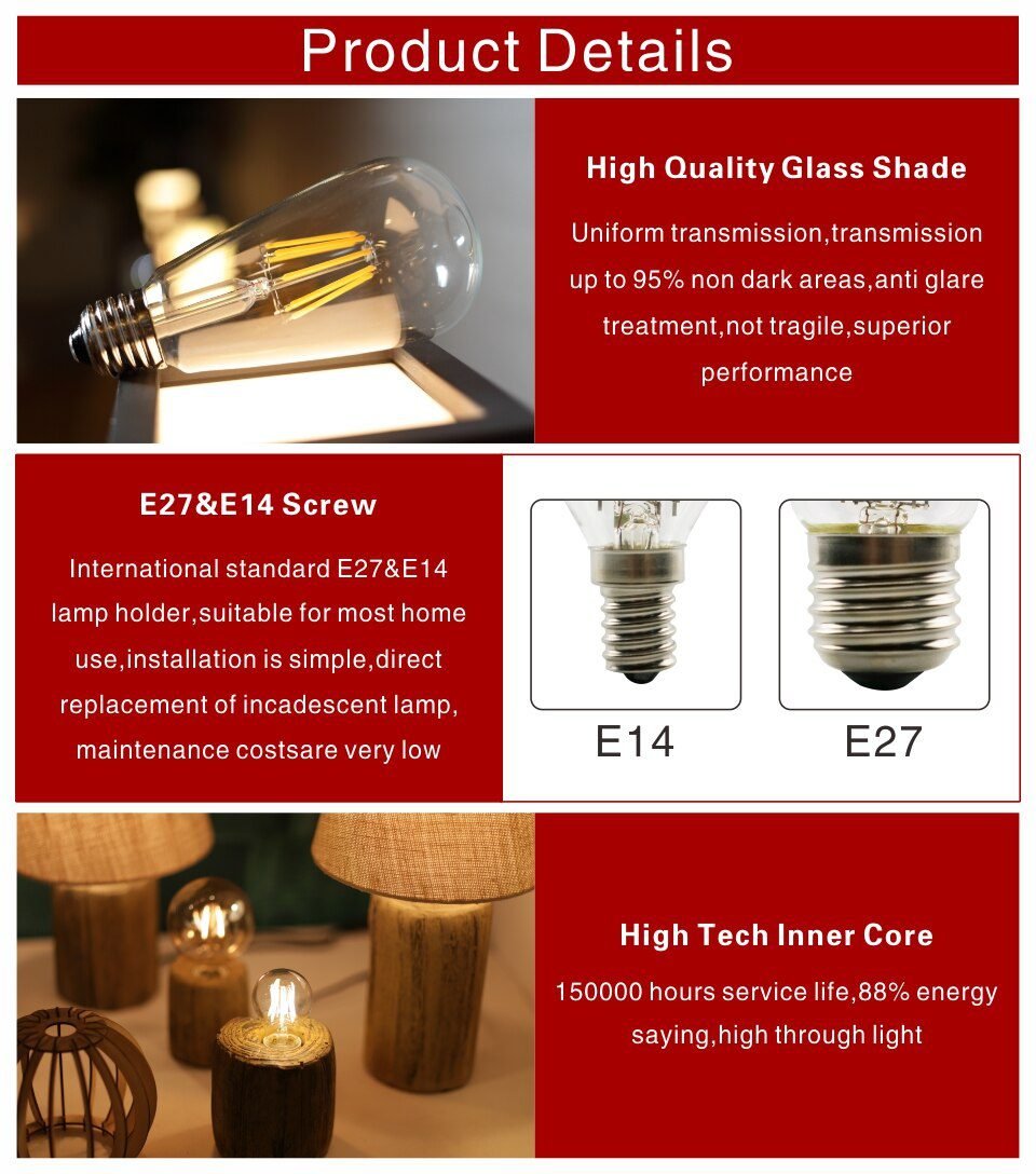 E27 E14 Retro Edison LED Filament Bulb Lamp 220V-240V Light Bulb C35 G45 A60 ST64 G80 G95 G125 Glass Bulb Vintage Candle Light