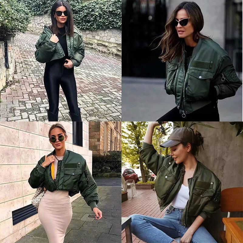 2020 stylish lady autumn winter za green short jackets women fashion long sleeve zipper bomber jacket outwear women's coat
