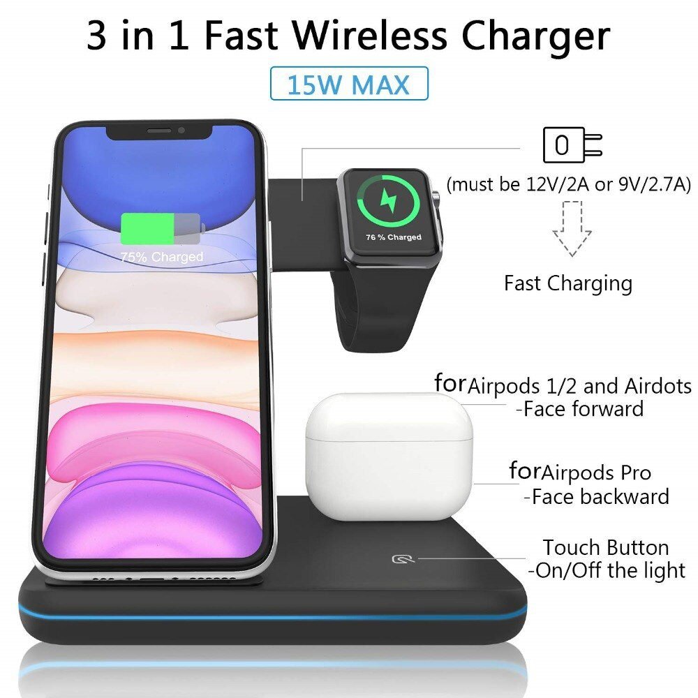 Wireless Charger Stand 3 in 1 Qi 15W Fast Charging Dock Station for Apple Watch iWatch 6 5 4 AirPods Pro iPhone 12 11 XS XR X 8