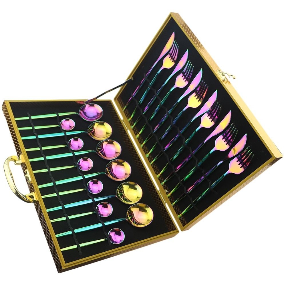 24pcs Black Western Dinnerware Set Stainless Steel Cutlery Set Fork Knife Spoon Tableware Set Flatware Set Silverware Set