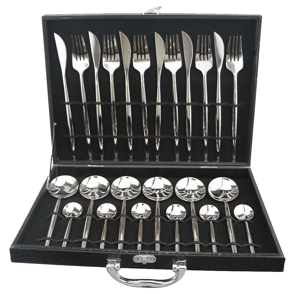24pcs Black Western Dinnerware Set Stainless Steel Cutlery Set Fork Knife Spoon Tableware Set Flatware Set Silverware Set