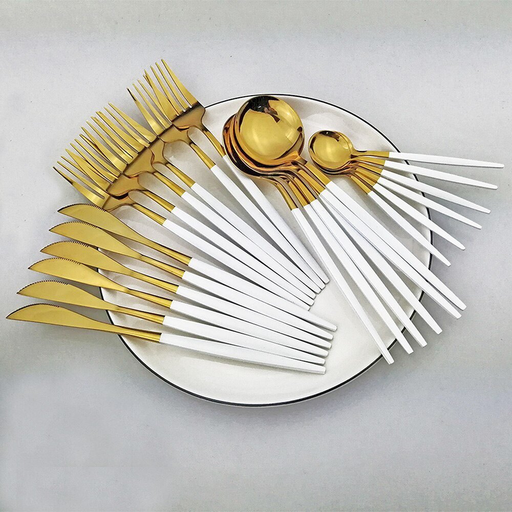 24pcs White Gold Dinnerware Set Stainless Steel Knife Fork Spoon Cutlery Set Kitchen Tableware Set Flatware Set Wholesale