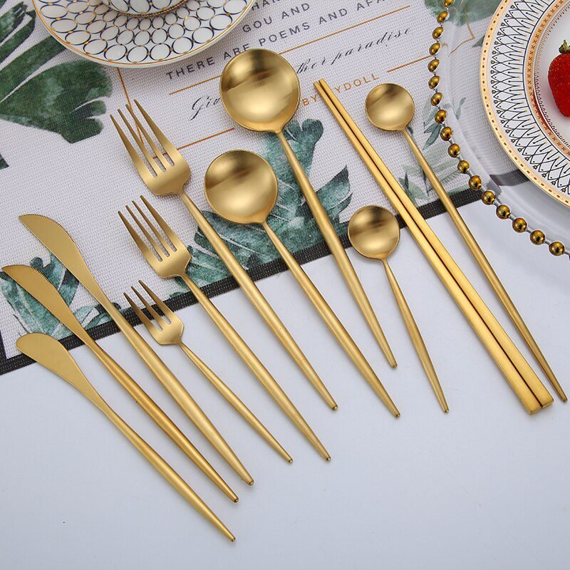 Gold Cutlery Set Forks Knives Spoons 18/10 Stainless Steel Dinner Dinnerware Set Fork Spoon Knife Chopsticks Set Dropshipping