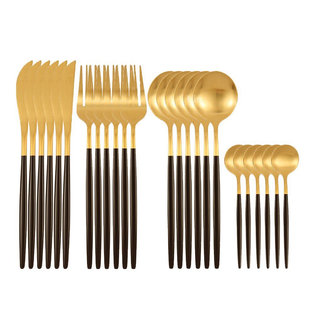 24Pcs 18/10 Stainless Steel Dinnerware Set Black Gold Cutlery Spoon Fork Knife Western Cutleri Silverware tableware Set Supplies