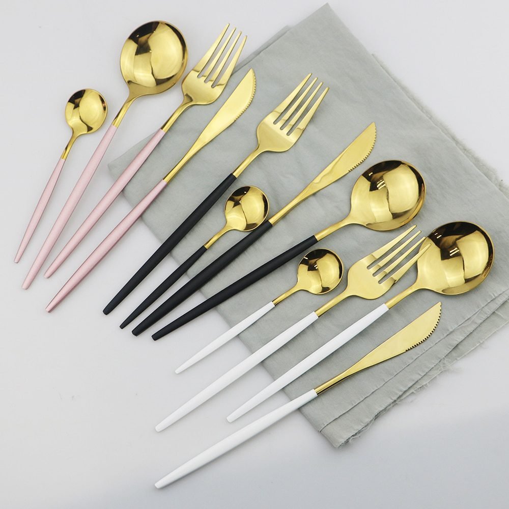 24Pcs/Set Stainless Steel Dinner Black Gold Dinnerware Set Knife Fork Coffee Spoon Cutlery Set Kitchen Tableware Silverware Sets