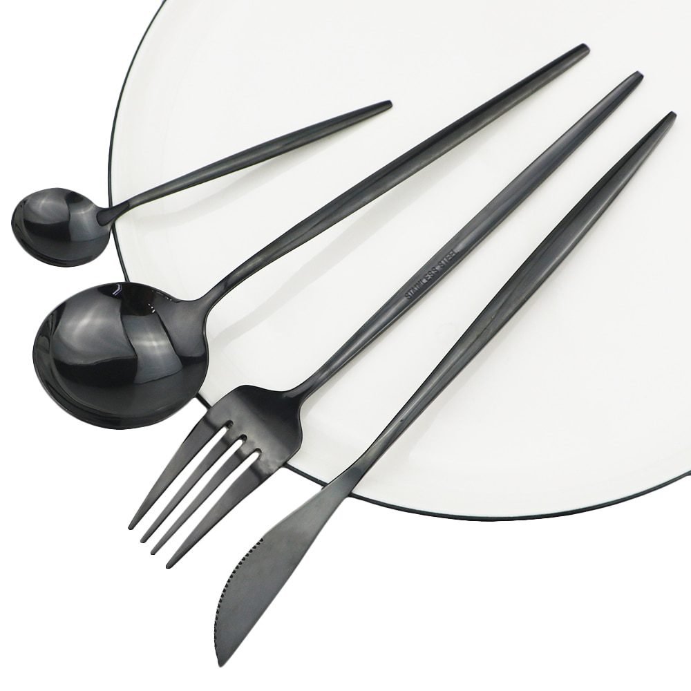 24Pcs/Set Stainless Steel Dinner Black Gold Dinnerware Set Knife Fork Coffee Spoon Cutlery Set Kitchen Tableware Silverware Sets