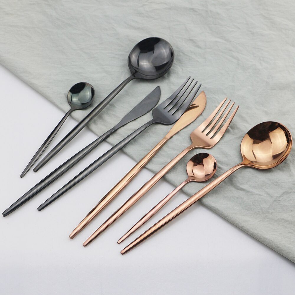 24Pcs/Set Stainless Steel Dinner Black Gold Dinnerware Set Knife Fork Coffee Spoon Cutlery Set Kitchen Tableware Silverware Sets