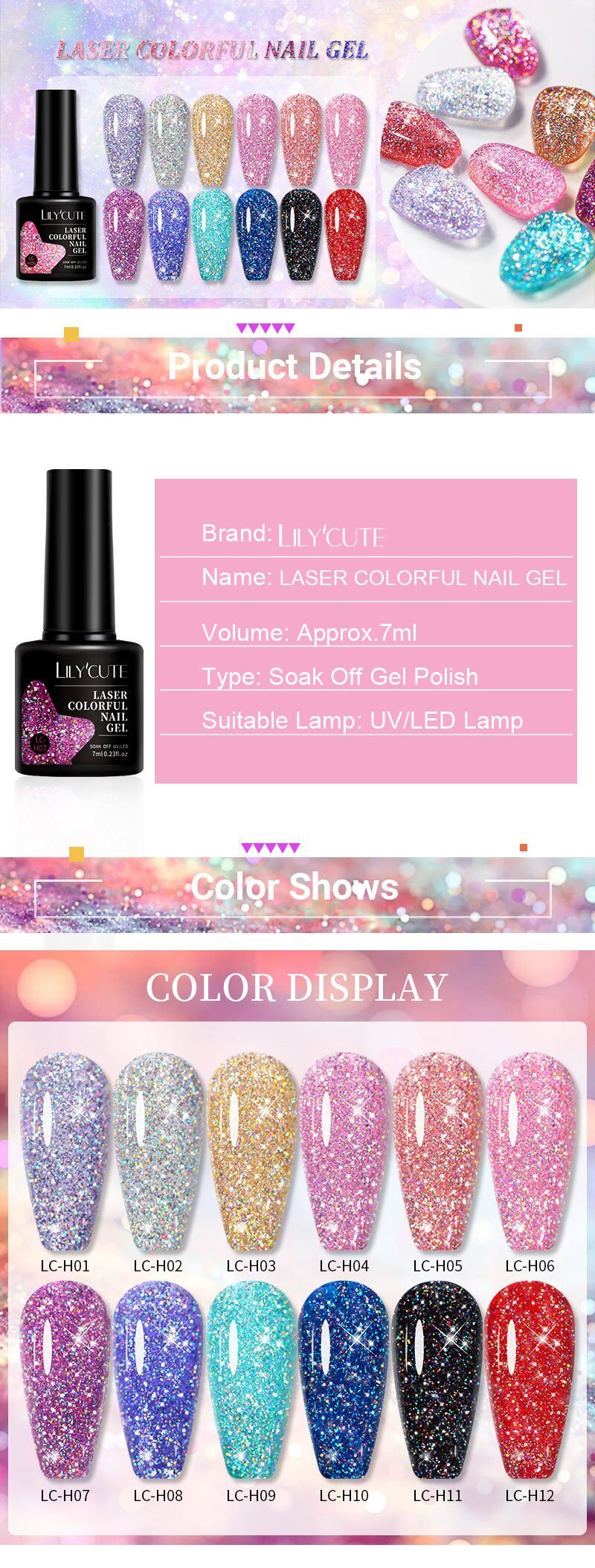 LILYCUTE 7ml Holographic Glitter Gel Nail Polish Spring Color Sparkling Sequins Soak Off UV LED Varnish Nail Art Decoration LILYCUTE 7ml Holographic Glitter Gel Nail Polish Spring Color Sparkling Sequins Soak Off UV LED Varnish Nail Art Decoration