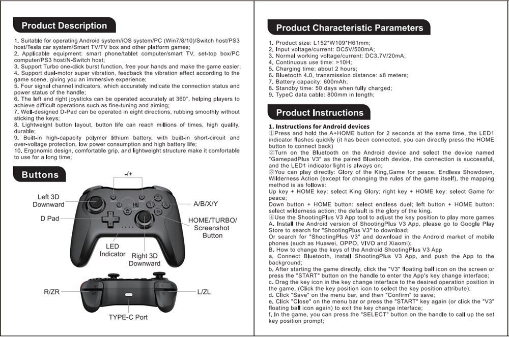 2PCS Bluetooth 2.4G Wireless Controller For Nintendo Switch Pro PC TV Box Smart Phone Tablet PS3 Tesla Shock Joystick Gamepad