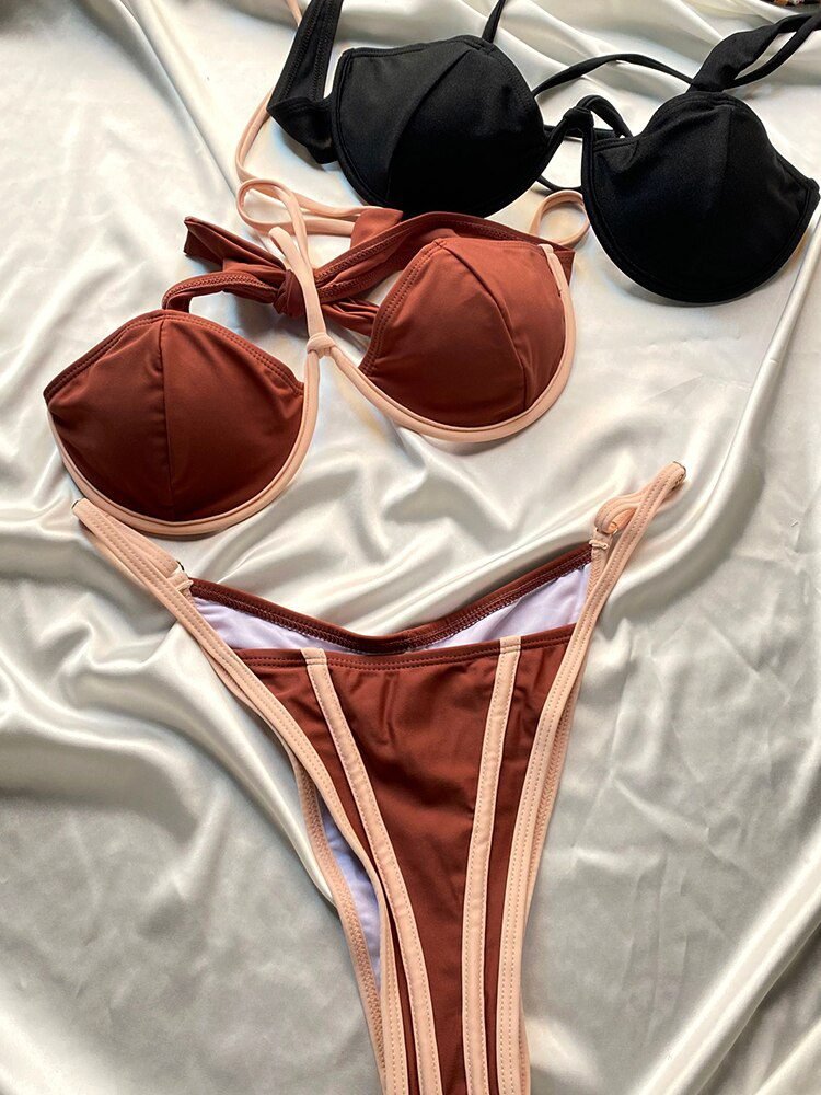 ZRTAK Leopard Swimwear Sexy Bikinis Patchwork Swimsuit Women 2023 Bathing Suit Print Bikini Sets Solid Beachwear Cup