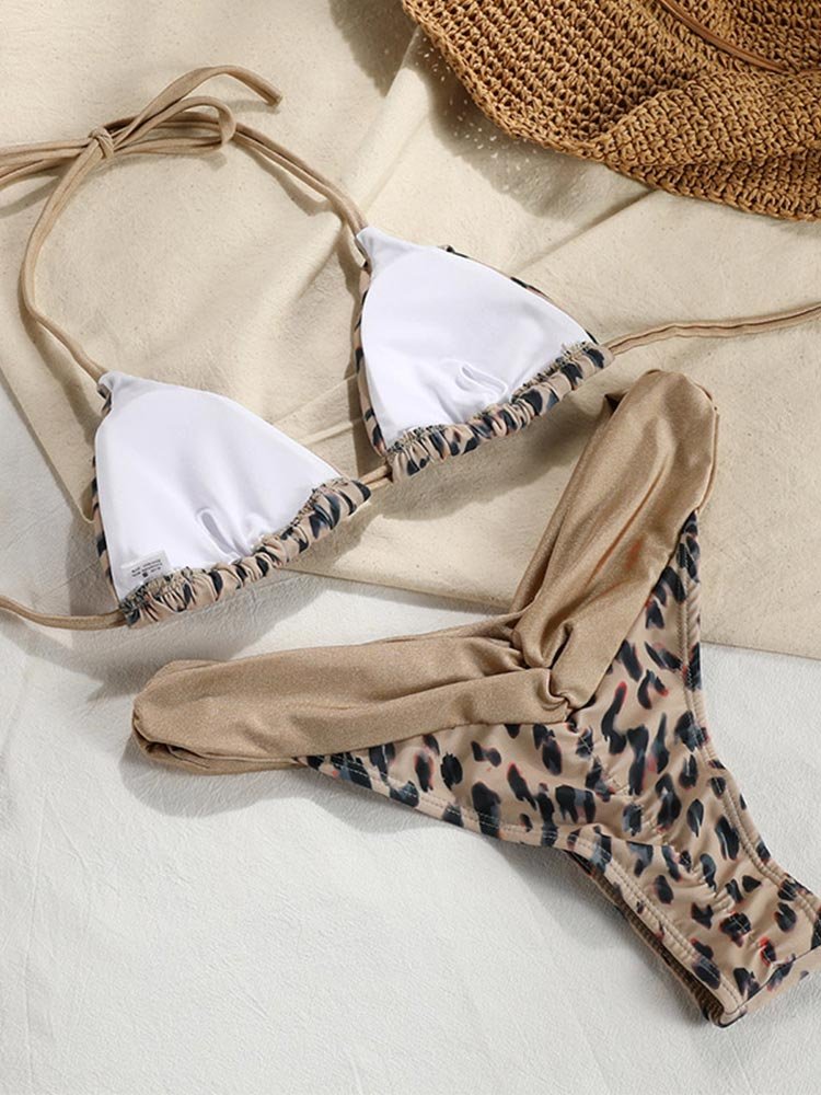 ZRTAK Leopard Swimwear Sexy Bikinis Patchwork Swimsuit Women 2023 Bathing Suit Print Bikini Sets Solid Beachwear Cup