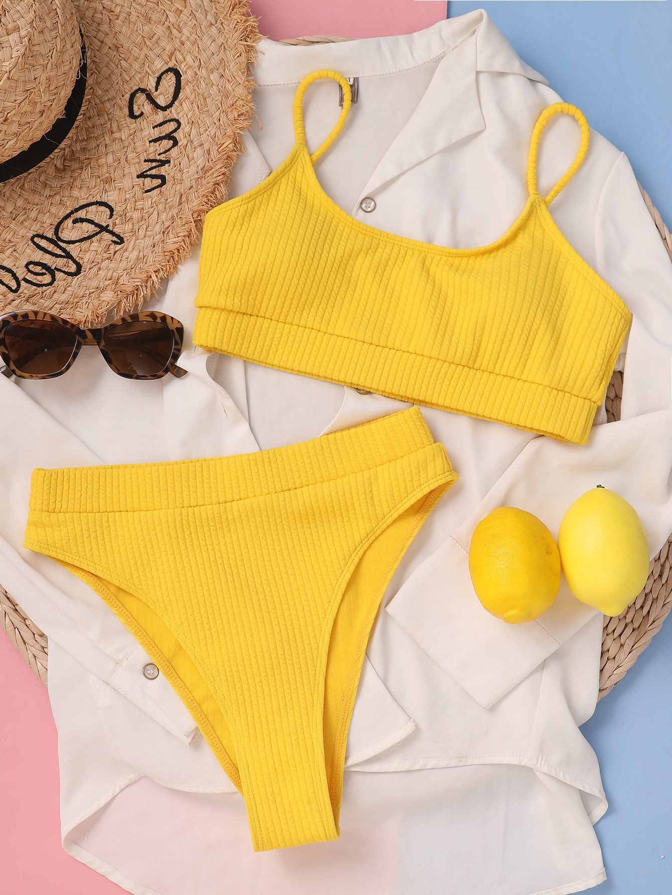 Sexy Solid Yellow Bikini 2023 Mujer High Cut Pleate Women's Swimsuit Separate Beach Bathing Suit High Waist Swimwear Biquini New
