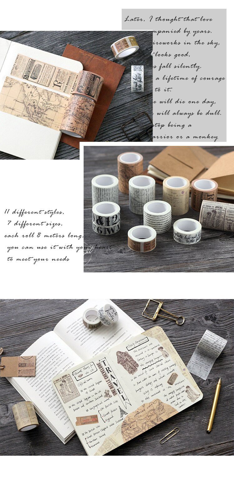 Journamm 11 Design Vintage Style Washi Paper Tape Scrapbooking Sticker School Supplies Decoration DIY Creative Stationery Tapes