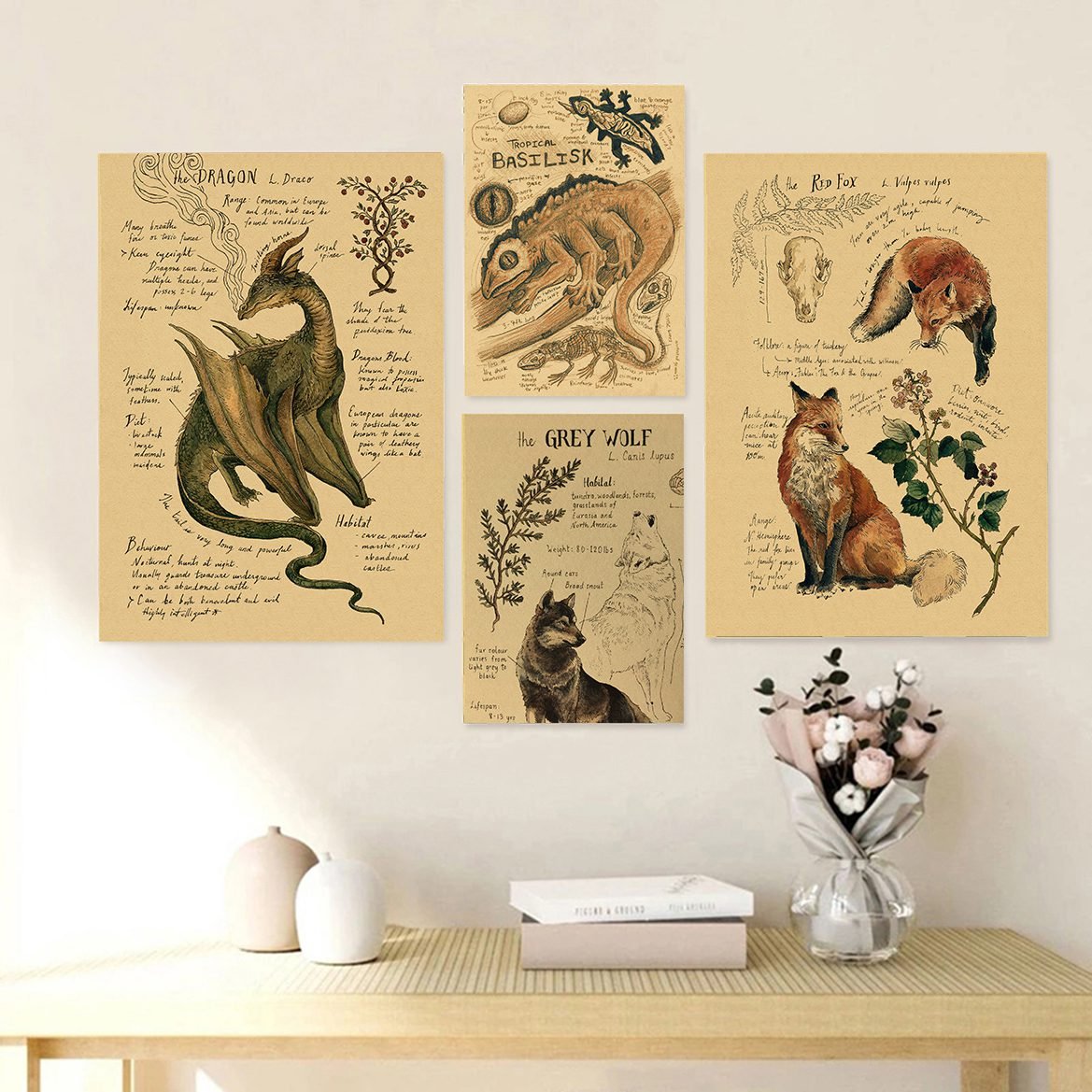 Natural Study Dragon/Tropical Basilisk/Phoenix/Fox/Dog/Wolf/Whale Print Poster Kraft Paper Vintage Home Room Decor Wall Painting Natural Study Dragon/Tropical Basilisk/Phoenix/Fox/Dog/Wolf/Whale Print Poster Kraft Paper Vintage Home Room Decor Wall Painting