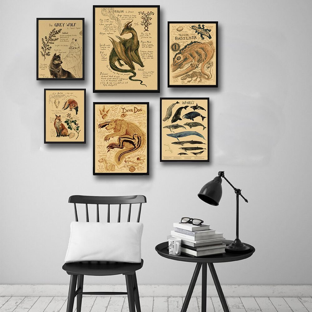 Natural Study Dragon/Tropical Basilisk/Phoenix/Fox/Dog/Wolf/Whale Print Poster Kraft Paper Vintage Home Room Decor Wall Painting Natural Study Dragon/Tropical Basilisk/Phoenix/Fox/Dog/Wolf/Whale Print Poster Kraft Paper Vintage Home Room Decor Wall Painting