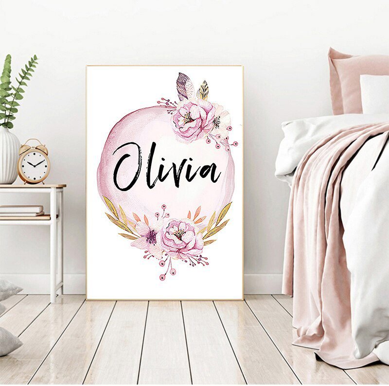 Art Nursery Prints Wall Painting Kids Bedroom Decor Custom Girl Name Baby Poster Peony Pictures Flowers Canvas Painting Wall