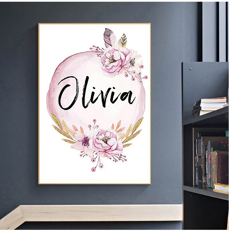 Art Nursery Prints Wall Painting Kids Bedroom Decor Custom Girl Name Baby Poster Peony Pictures Flowers Canvas Painting Wall