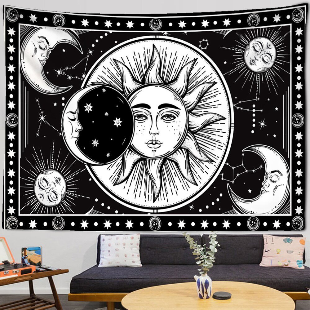 Mandala Tapestry White Black Sun And Moon Tapestry Wall Hanging Tarot Hippie Wall Rugs Dorm Decor Blanket