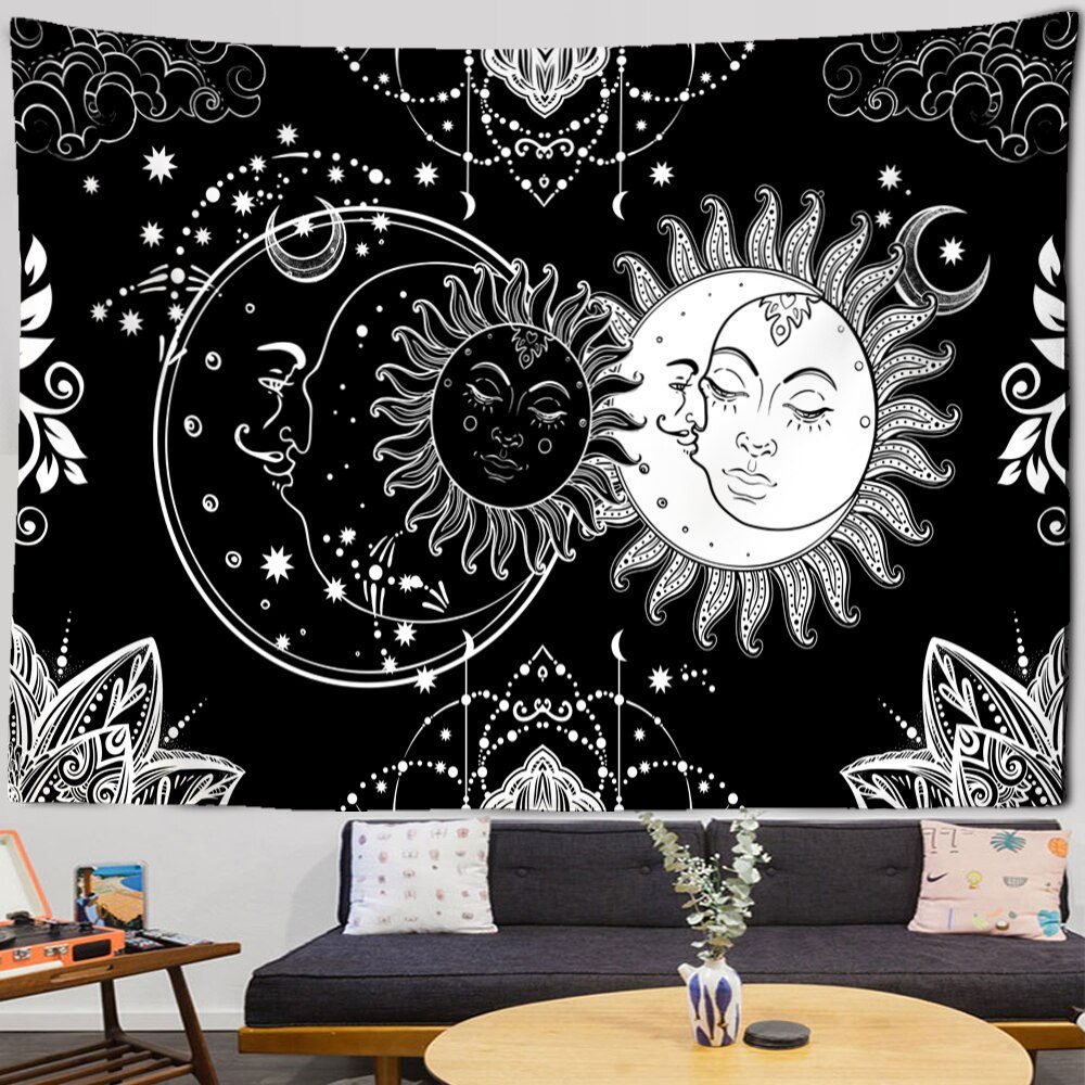 Mandala Tapestry White Black Sun And Moon Tapestry Wall Hanging Tarot Hippie Wall Rugs Dorm Decor Blanket