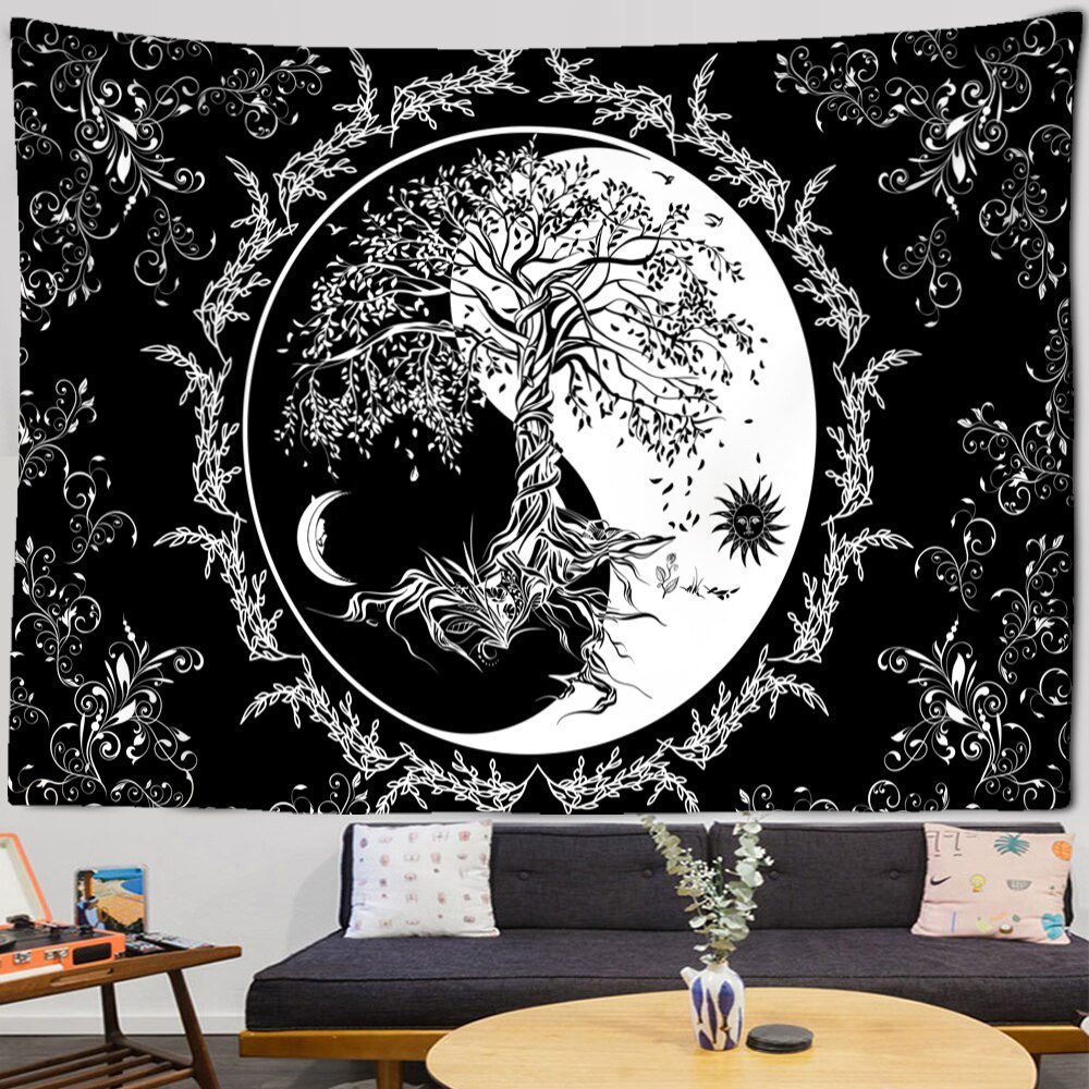 Mandala Tapestry White Black Sun And Moon Tapestry Wall Hanging Tarot Hippie Wall Rugs Dorm Decor Blanket