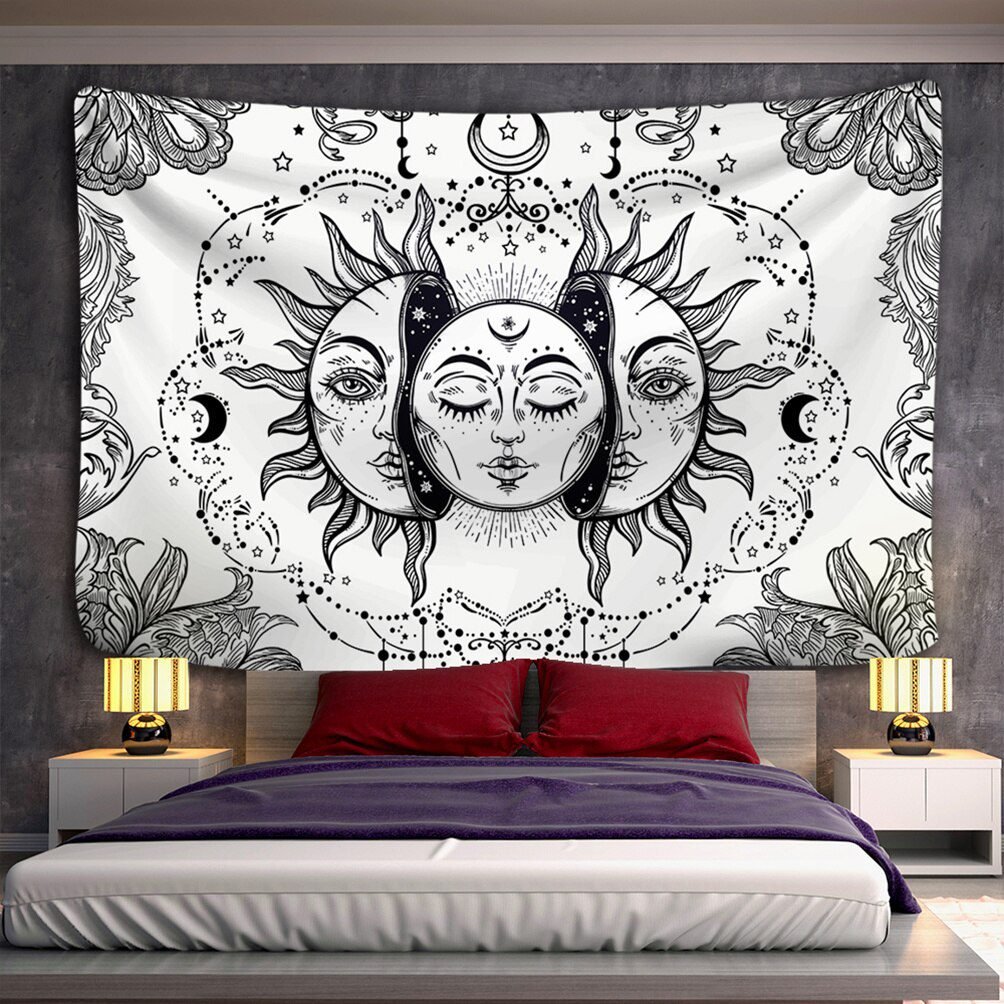 Mandala Tapestry White Black Sun And Moon Tapestry Wall Hanging Tarot Hippie Wall Rugs Dorm Decor Blanket