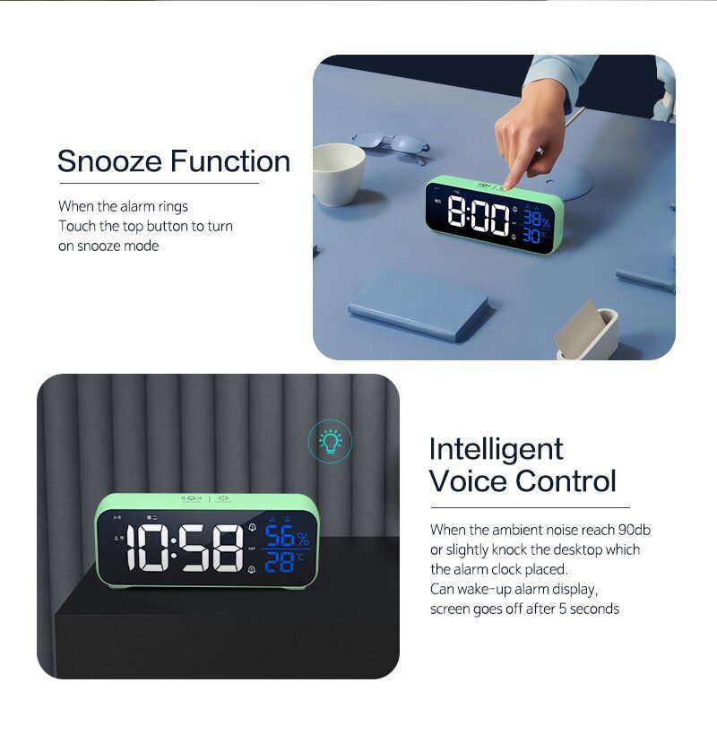Music LED Digital Alarm Clock Voice Control Temperature Humidity Display Desktop Clocks Home Table Decoration Built-in 1200mAh